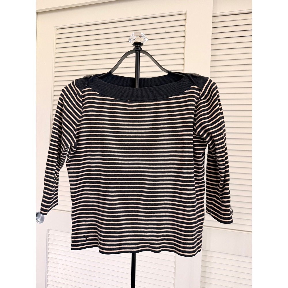 Lauren Ralph Lauren Petite Black Beige Striped Button Shoulder Top Size PM